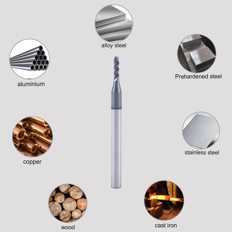 ISB Ball Nose End Mill Cutter, 1/16" Diameter, 1/8" Shank Diameter, 4 Flute Micro Grain Carbide Mrill Bits CNC Router Bits for Hardened Steel, Stainless Steel, Alloy Steel, Aluminum, Suitable 1/16 in 5