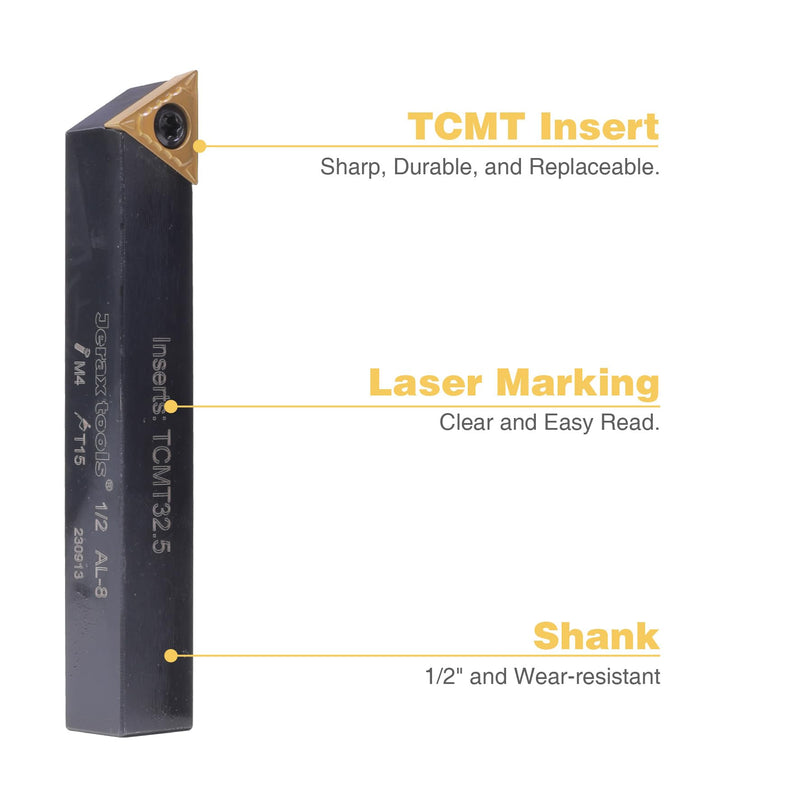 1/2" Indexable Turning Tool Set with TCMT Carbide Inserts, 5 Pcs Set Metal Lathe Tools Inserts Bits with Carbide Inserts. 1/2 in