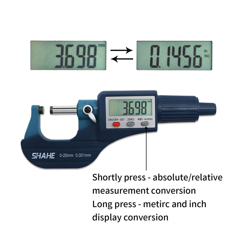 SHAHE Digital Micrometer 0-25mm / 0-1" Metric & Inch, 0.00005" Resolution, 0.0001" Accuracy