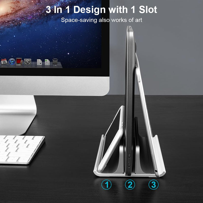 Vaydeer 3-in-1 Aluminum Laptop Stand Vertical Laptop Stand Holder for Desk with Adjustable Dock, Space-Saving Organizer for All MacBook, Surface, Samsung, HP, Dell, up to 17.3 inch Silver
