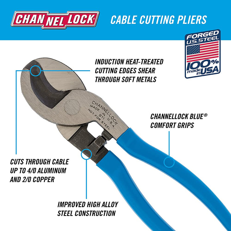 Channellock Cable Cutter 911 - High Carbon Steel Cable Cutting Tool - 9.5 In 9.5-Inch