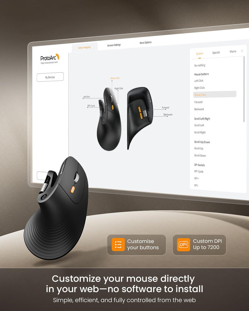ProtoArc EM11 Pro Ergonomic Mouse for Large Hands, Side Scroll, Black | Designed for hands 7.5-8.5". Browser-based customization, Side scroll wheel for Excel/video editing, Multi-Device.