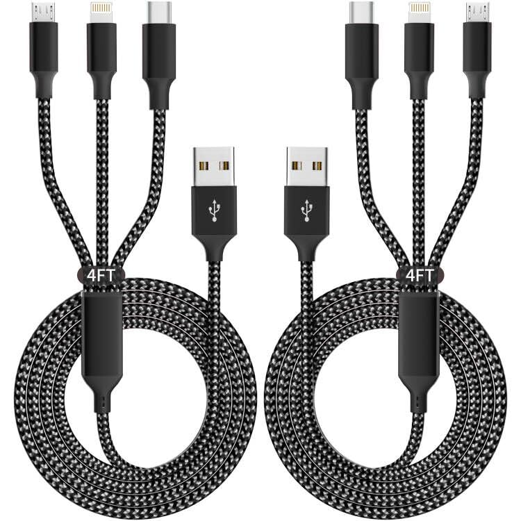 IDISON Multi Charging Cable(2Pack 4FT), 3 in 1 Charger Cable Nylon Braided Multiple USB Cable Universal Charging Cord with Type-C, Micro USB and IP Port for Cell Phones and More 3in1-BlackGray