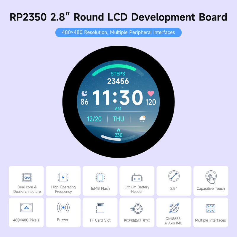 Waveshare RP2350 2.8inch Round Display Development Board, 480×480, Based On The Raspberry Pi RP2350B Dual-core & Dual-Architecture Microcontroller, RGB Interface