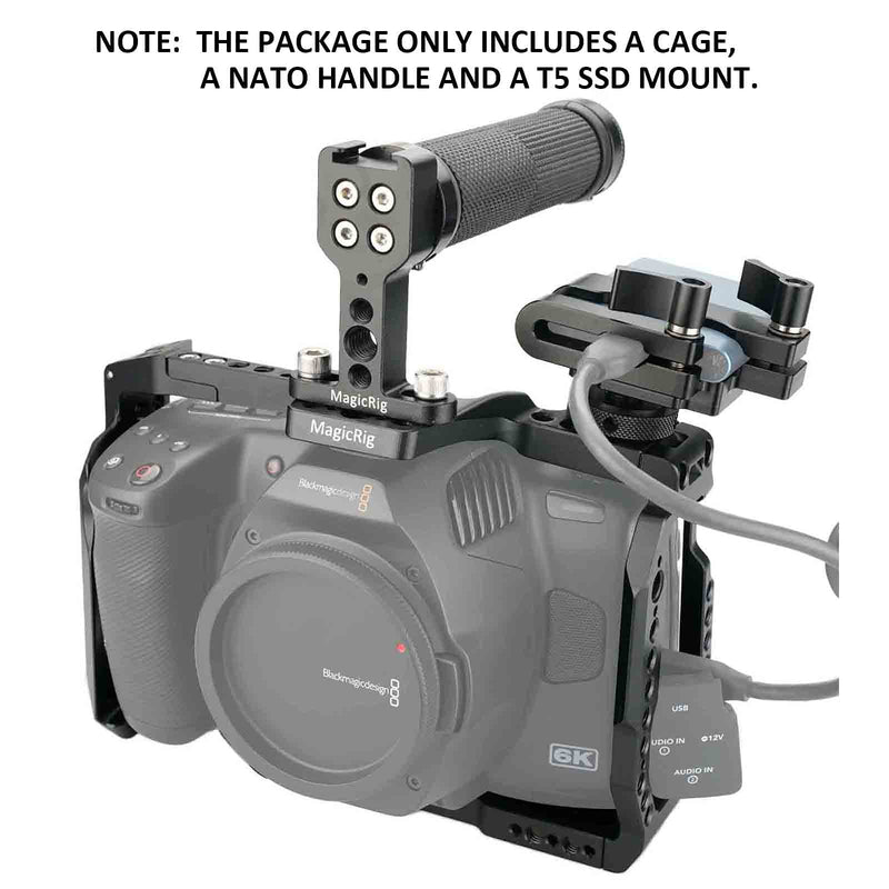 BMPCC 6K Pro Cage Rig for Blackmagic Design Pocket Cinema Camera 6K Pro & G2, with Rubber Top Handle, T5 SSD Mount Clamp -579 cage + rubber top handle + T5 holder