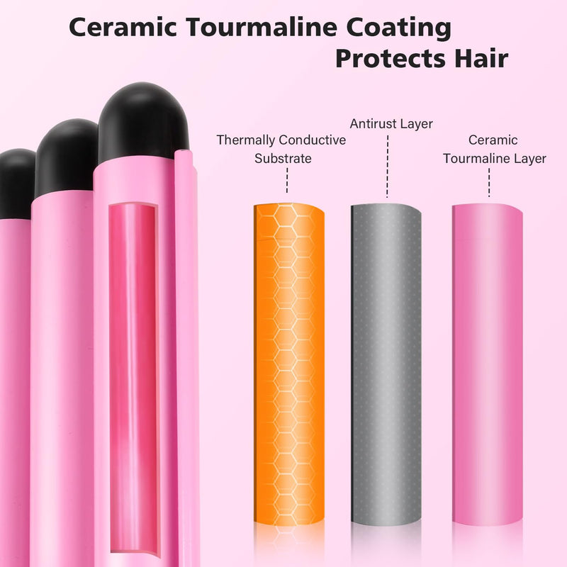  [AUSTRALIA] - 3 Barrels Hair Waver, 25mm Curling Iron, Beach Mermaid Waves Hair Crimper | Curling Tongs, Hair Curler with 2 Temperature Control Quick Heating, Waver Curling Wand for Long or Short Styling Pink
