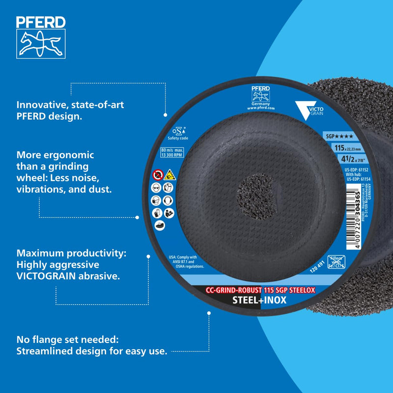 Pferd Tools CC-Grind-Robust Grinding Disc 4-1/2" x 7/8", Part 61152 | SGP STEELOX VICTOGRAIN® Ceramic, For Steel & Stainless Steel, 13,300 RPM, Pack of 10 4-1/2" x 7/8" Arbor Hole