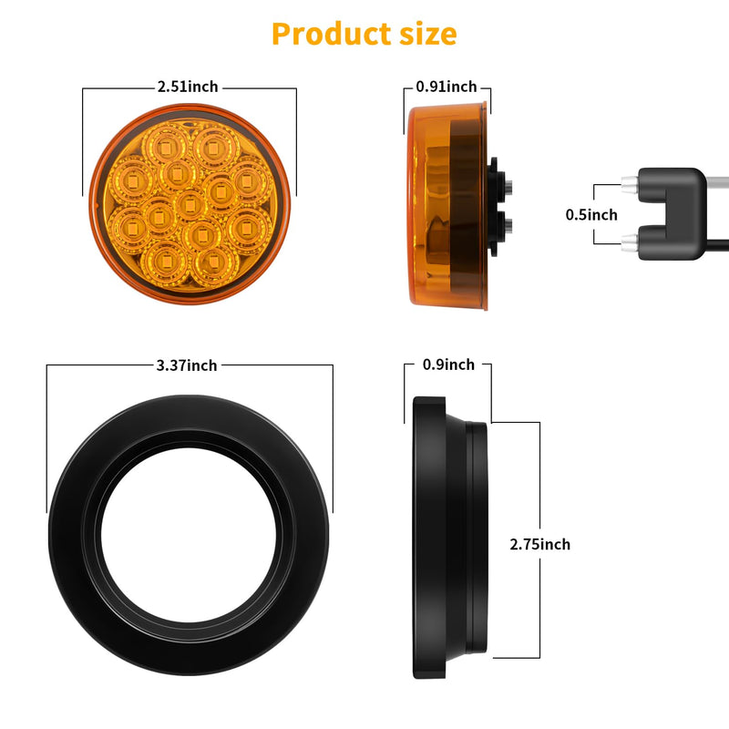FXC 4Pack 2.5 Inch Round Truck Trailer 13 LED Side Marker Clearance Lights with Reflectors Waterproof 12V Side Fender Marker Light with Grommets and Wire Pigtail (Amber Red) Amber Red