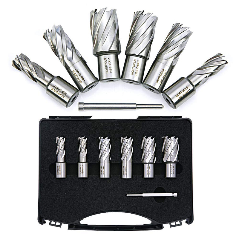 Annular Cutter Set, 7 Pcs 1-Inch HSS M2 Annular Cutters with Weldon Shank,Cutting Depth 1" Cutting Diameter 1/2" to 1", Mag Drill Bits Kit for Magnetic Drill Press, with 1 Pilot Pins