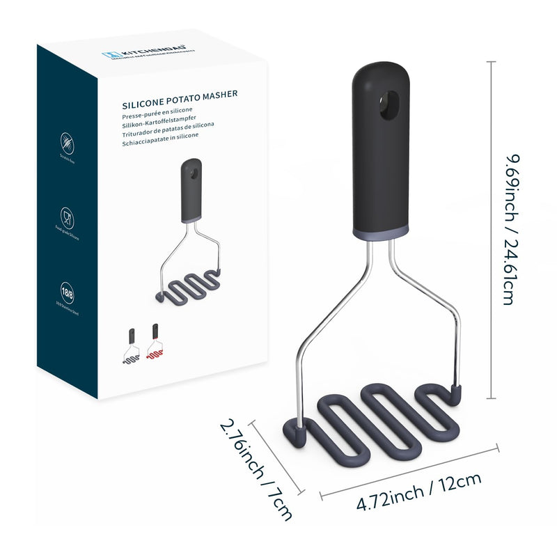 KITCHENDAO Non-Scratch Potato Masher, Heavy Duty 18/8 Stainless Steel Wrapped In Premium Silicone, Soft Touch Handle, Versatile Masher Hand Tool & Potato Smasher, Gift for Christmas-Black 9.69"L x 4.72"W Black