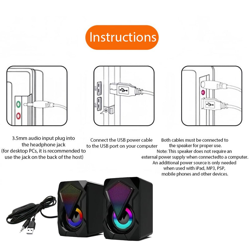 Speakers RGB Light Stereo Sound Pair for Computer Laptop Desktop，USB Plug-n-Play, External Speakers for Laptop, Enhanced Bass, Compatible with Windows, macOS, ChromeOS, Linux