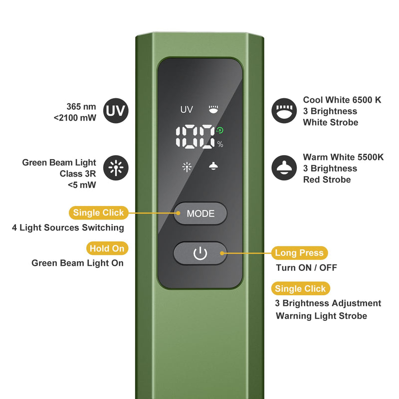 EDC Flat Flashlight High Lumens, Rechargeable Pocket Light with White/Warm LED, UV, Gream Beam, Flash Combo, 4 Bright Modes, Double Magnetic Base, for Outdoors, Emergency, Work, Detection (Green) Green