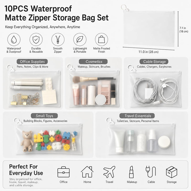 10 Pack Waterproof Clear Pouches, 11" x 7.1" Matte Storage Organizer, Zipper Plastic Bags for Office Supplies Makeup Cable Electronics for Travel Home Organizing, White Large