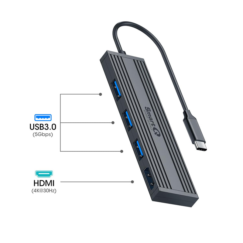 4-Port USB 3.0 Ultra-Thin Data Hub USB Distributor, Suitable for MacBook, Mac Pro/Mini, iMac, Surface Pro, XPS, laptops, USB Flash Drives, Mobile HDD, Printers, and More… (Slim USB C - 0.5 ft) USB-C