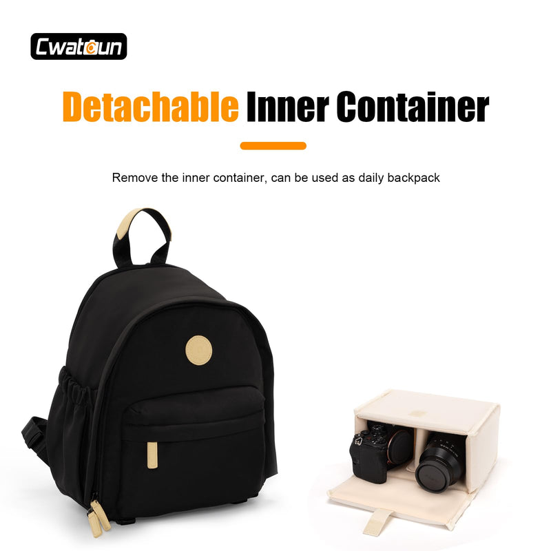 Cwatcun Camera Backpack for Women, Compact DSLR Bag with Tripod Strap | Fits 1body +1lens +10.9"iPad. Removable dividers,18mm padding,waterproof,tripod strap,anti-theft pocket,lightweight 0.96kg. Black 1.0 Small