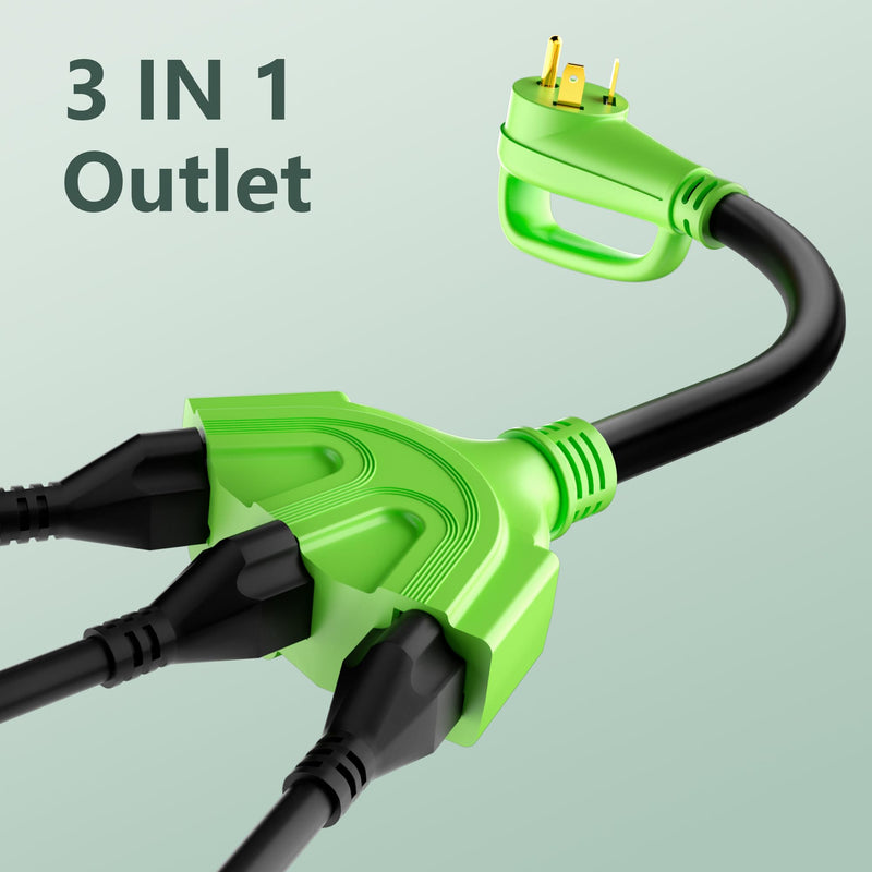 Conable 30 Amp to 15/20 Amp RV Distribution Adapter, 3 Prong NEMA TT-30P to NEMA 3X 5-20R/5-15R Household Outlet, 3 Outlets, ETL Listed, STW 10AWG*3C, Green, 1FT