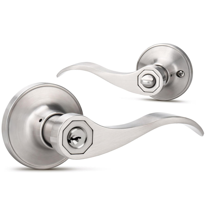 Moquin Wave Design Keyed Entry Door Lever with Lock, Reversible Door Handle for Right/Left Side Front/Entrance Door Lock in Satin Nickel Finish Keyed Entry-Lock & Key