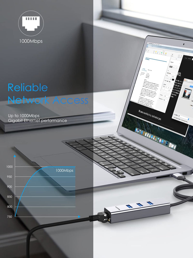 LENTION 3-Port USB 3.0 Hub with Gigabit Ethernet Adapter Compatible MacBook Air/Pro (Previous Generation), iMac, Surface, Chromebook, More Type A Laptops - Ultra Slim (CB-H23s-0.5M, Space Gray)