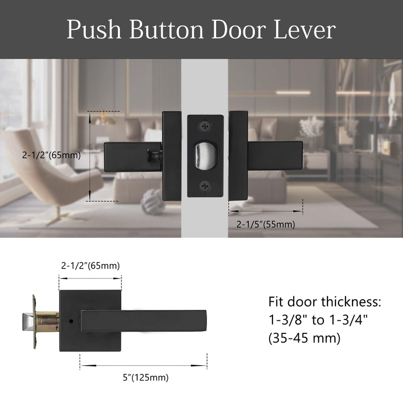 Matt Black Door Handles with Push Lock for Privacy, Zinc Door Handle with Square Rosette for Bath & Bedroom, Quick Release Lock & Easy Install 1 Matt Black