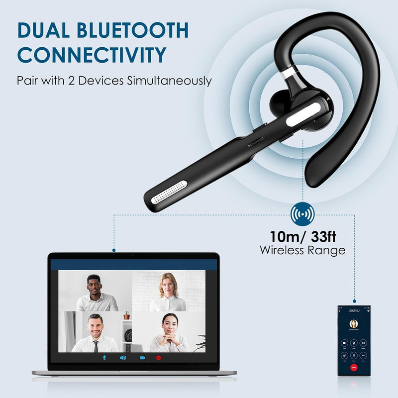 Bluetooth Headset, Wireless Bluetooth Earpiece V5.0 Hands-Free Earphones with Built-in Mic for Driving/Business/Office, Compatible with iPhone and Android