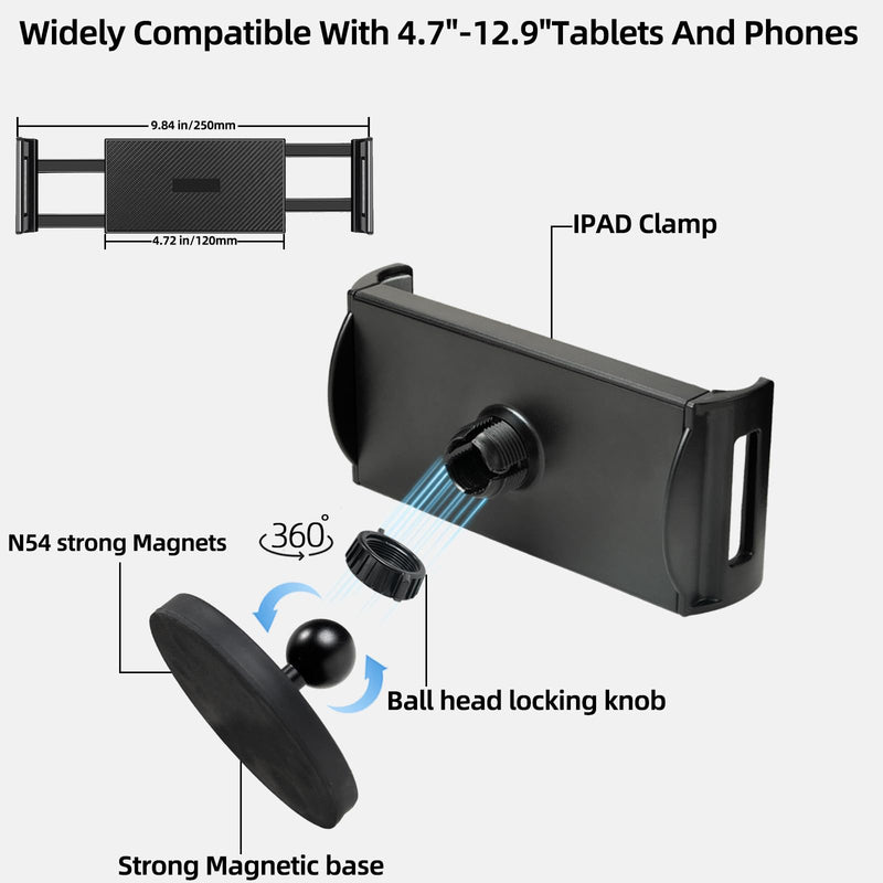 Magnetic Tablet Mount, Fridge iPad Holder, Compatible with Vehicles/cabinets/refrigerators/Metal Shelves/Gyms. N54 Strong Magnetic Base, fits 4.7~12.9-inch iPad/Nexus/e-Reader/iPhone