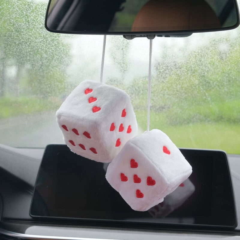 Pair 3” Fuzzy Plush Dice Heart Shape Decor for Car Rearview Mirror, Retro Square Decoration Dice for Car Hanging Accessories (Black-Red) Black-red