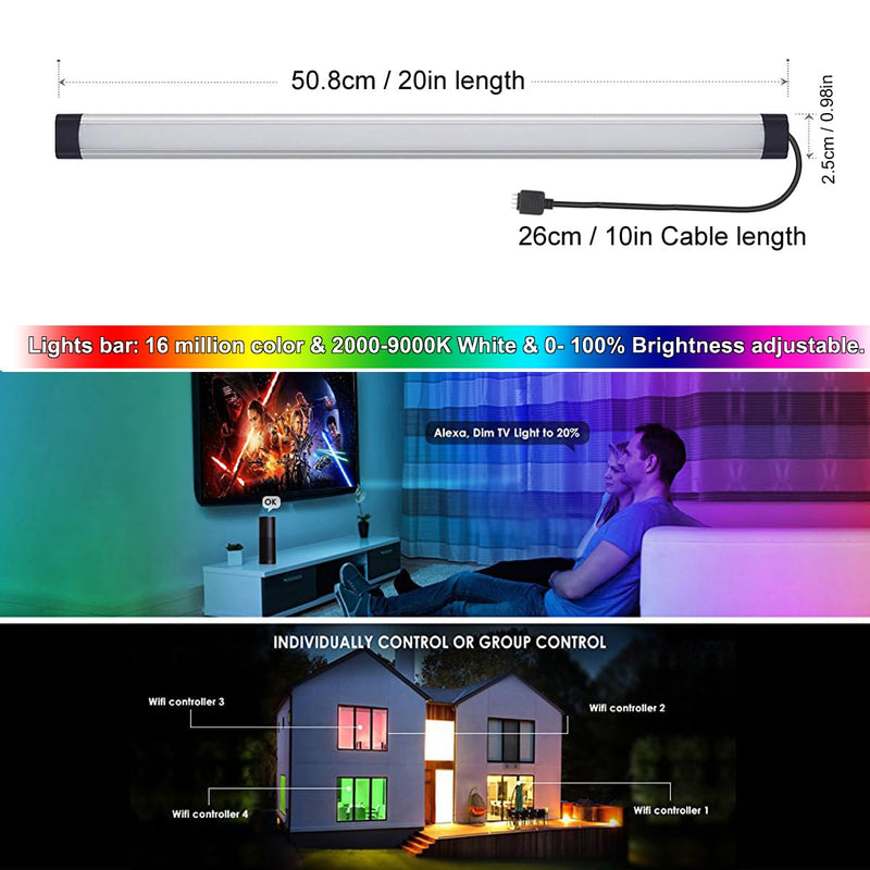 Under Cabinet Lighting Kit, Dimmable Under Counter Lights, RF Remote 20 Inch LED Light Bar, Remote Linkable RGB Lights Work with Alexa, Smart Lamps for Kitchen, Desk, Workbench, Shelf (1 Pack) 1 Pack Kit