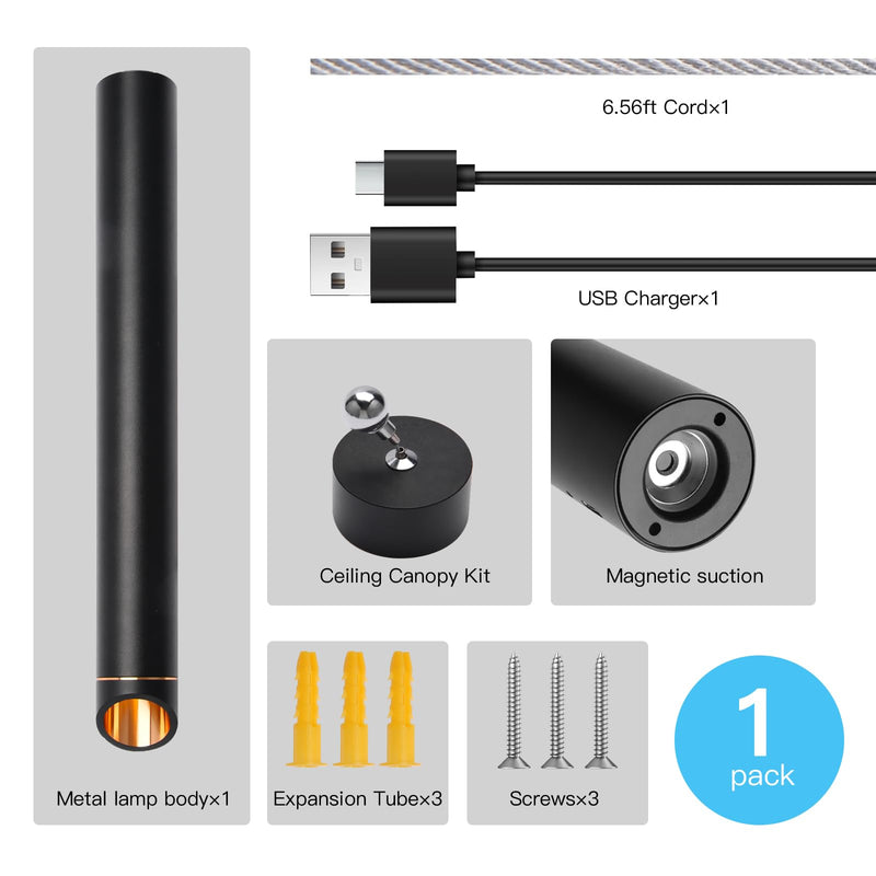 Rechargeable Pendant Lights Fixtures for Kitchen Island, Modern Pendant Light, 6000mAh Battery, 3 Color Dimmable No Wiring Hanging Lights, Adjustable Industrial LED Cylinder Pendant Lamp-Black