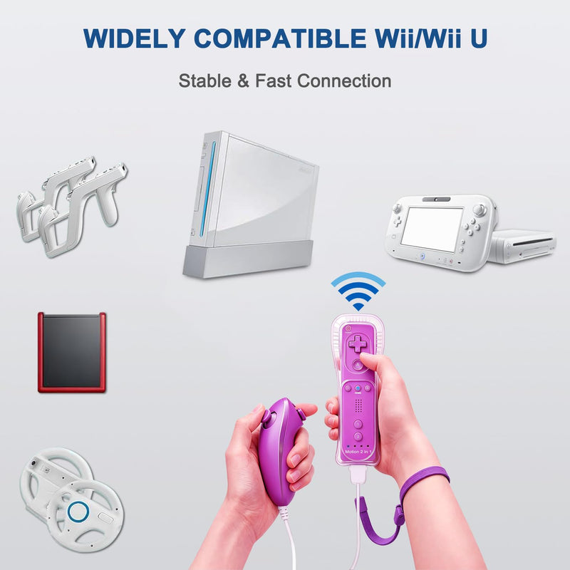 ZeroStory 2 Pscks Remote Controller Build in Motion Plus and Nunchuck for Wii/Wii U, Gamepad with Silicone Case and Wrist (Purple and Green) Purple&Green