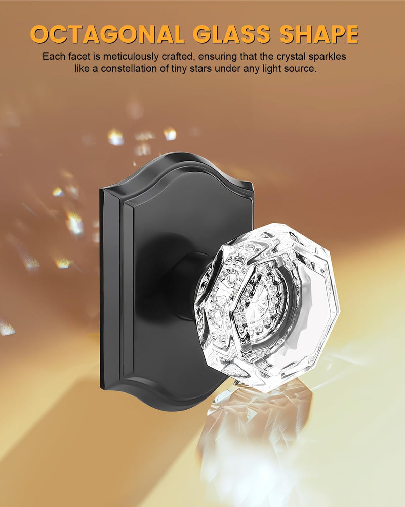 Gobrico Matte Black Dummy Crystal Door Knobs, Single Side No-Turning Glass Door Handles, 2 Pack Inactive Diamond Octagonal Knob Sets