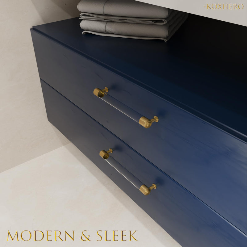 Modern Brass and Acrylic Kitchen Cabinet Pulls 4 Inch Hole Center 4Pack Elegant Gold Drawer Handle Charming Dresser Knob for Closet Cupboard Wardrobe Laundry Room Bathroom Double Hole: 4 Inch