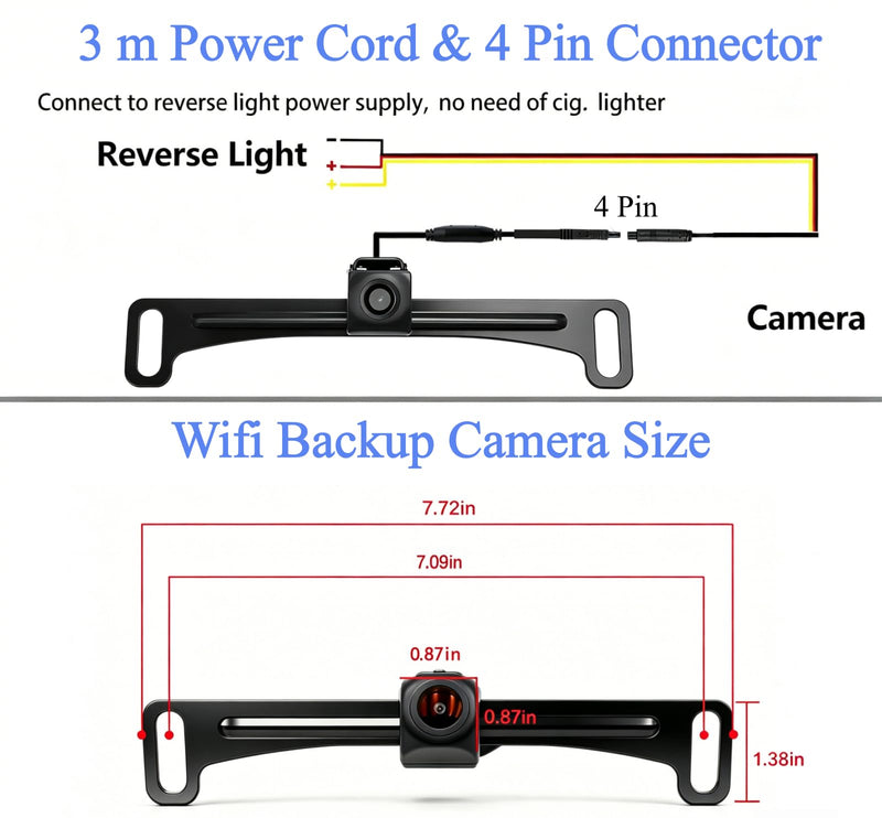 Wireless Backup Camera 1080P, 2.4GHz WiFi No Monitor Needed, License Plate Reverse Camera, 170° Wide Angle Night Vision IP68 Waterproof, Front Rear View for iPhone Android, Car SUV Van Pickup Metal License Plate Mount