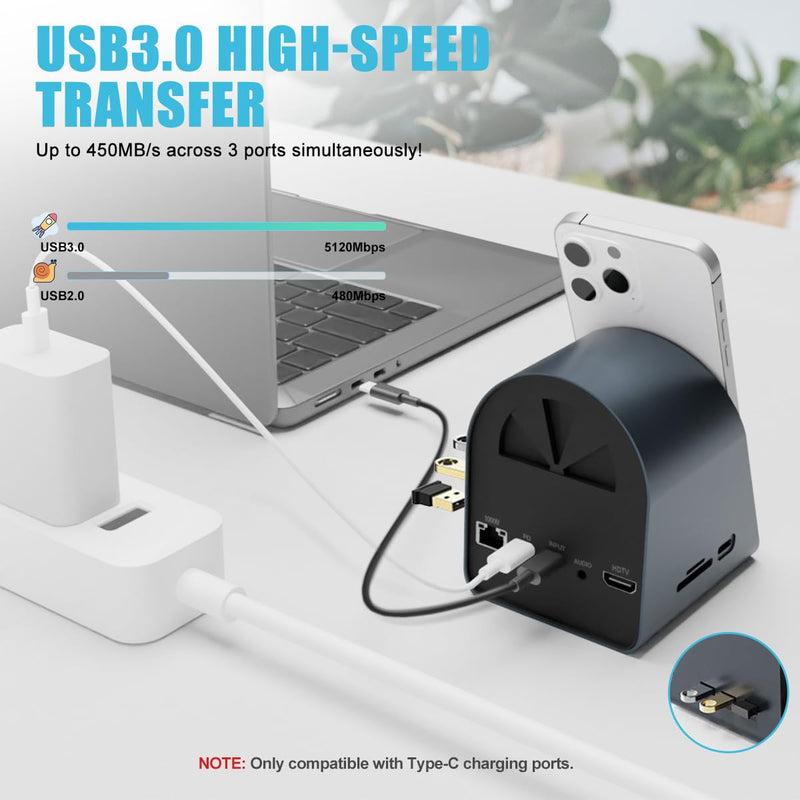 10-in-1 USB-C Multifunction Docking Station Wireless Charging USB3.0 Ports PD100W Fast Charging 4K HDMI SD/TF Card Reader Fit for Windows Mac Android iPad