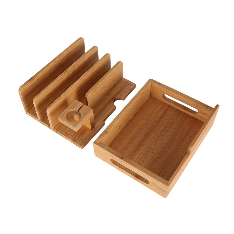 Bamboo Wood Multi-Device Desktop Charging Dock Station Charger Holder Cradle Charge Stand Compatible iPhone 16 15 14 13 Pro Max iPad Mini Pro Air Apple Watch Ulrta 10 9 8 7 6 5 4 3 2 iWatch Smartphone Medium