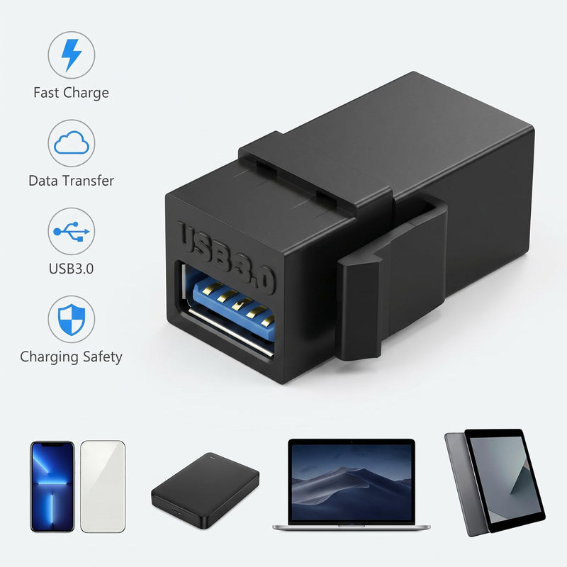 USB 3.0 Keystone Jack Insert, 5 Pack USB Keystone Jack Female to Female Coupler for Wall Plates Panels and Wall Plate Outlet Panel, Black