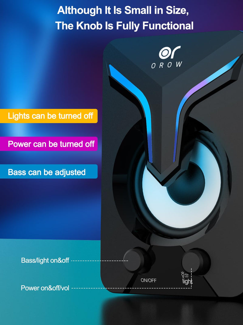 OROW Computer Speakers,Mini PC Speakers with Subwoofer,2.1 Desktop Speaker with RGB Lights,USB Powered, Stereo Sound,Gaming Speakerwith 3.5mm Aux Cable for Monitor/Laptop/Tablet(S212) Black