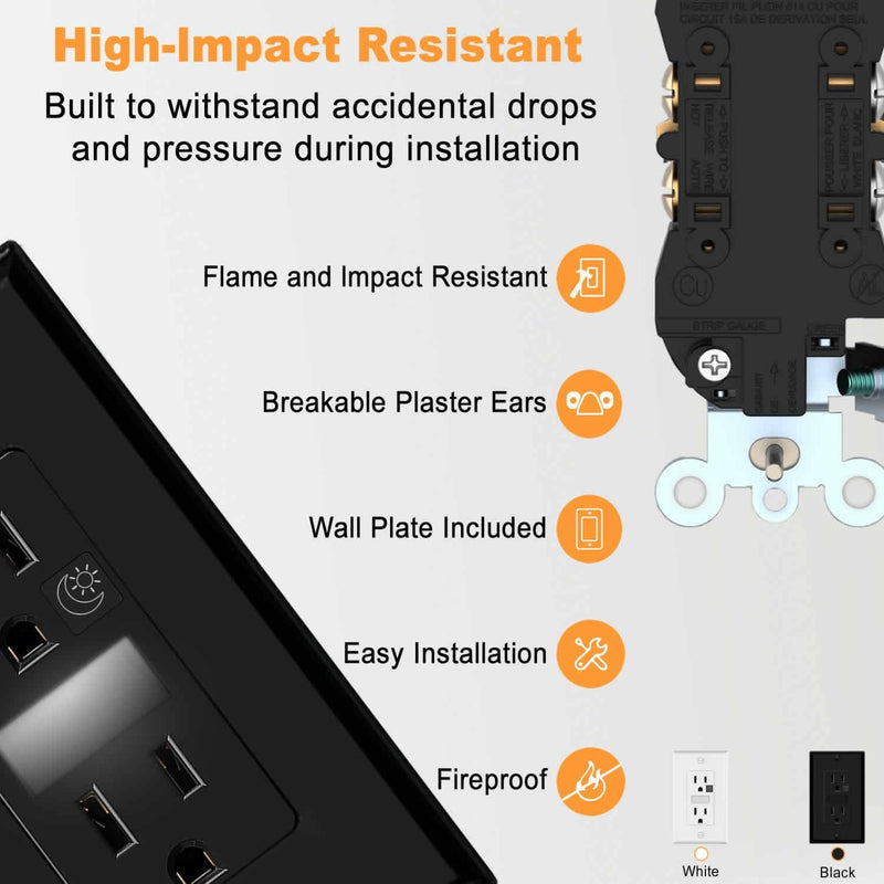 Black Wall Outlet Receptacle with Night Light,Electrical Receptacle Outlets,15A 125V, 2 Pole 3 Wire,Wall Plate Included,4 Pack