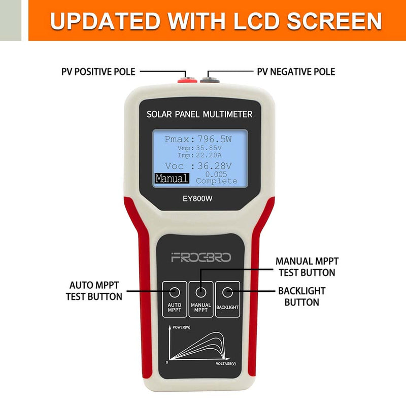 FrogBro Solar Panel Tester Photovoltaic Multimeter Upgrade EY800W with Ultra Clear LCD, Smart MPPT Open Circuit Voltage Troubleshooting Utility Tool for Solar PV Testing (LCD 800W) 800W-OLD
