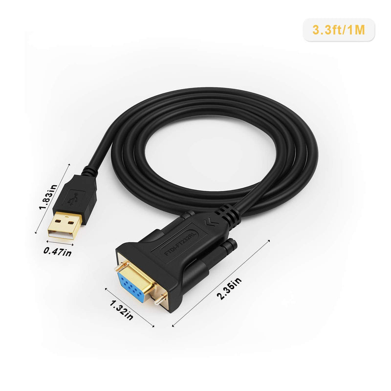 CableCreation USB to RS232 Serial Adapter (FTDI Chip), 3.3 Feet USB to DB9 Female Converter Cable for Windows 11, 10, 8.1, 8, 7, Vista, XP, 2000, Linux and Mac OS X, macOS, 1 Meter/Black 3.3FT / 1M FTDI Chipset