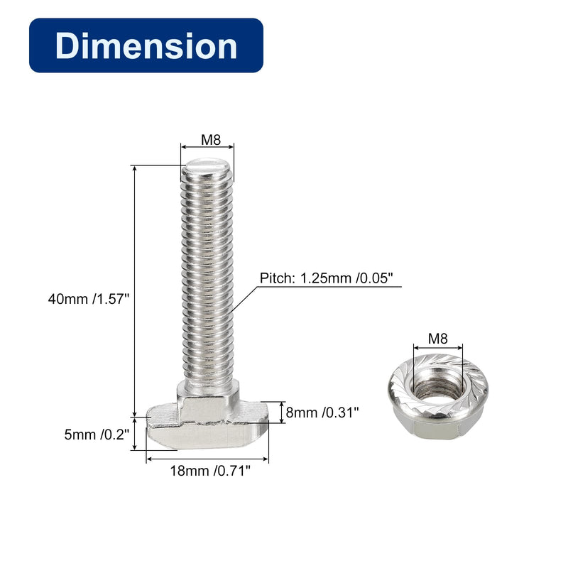 uxcell M8x40mm T Slot Drop-in Bolt and M8 Hexagon Flange Nut Set, 40 Sets Hammer Head T-Bolt T Shape Stud Sliding Screw for 40 Series Aluminum Profile