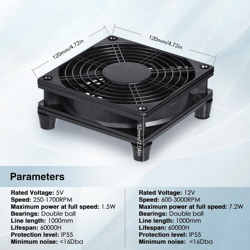 120mm IPX5 Waterproof 10-Speed Adjustable Case Fan - 5V/12V Dual Voltage USB/DC Powered - for Xbox, Router, DVR & Receivers 120MM FAN Single fan