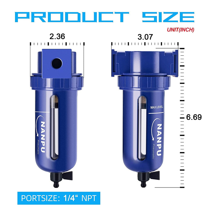 NANPU 1/4" NPT Compressed Air Filter, Zinc Alloy, 5 Micron Brass Element, Quick Release Bowl, Manual Drain, for Air Compressor ＆ Pneumatic Tools 1/4“ NPT