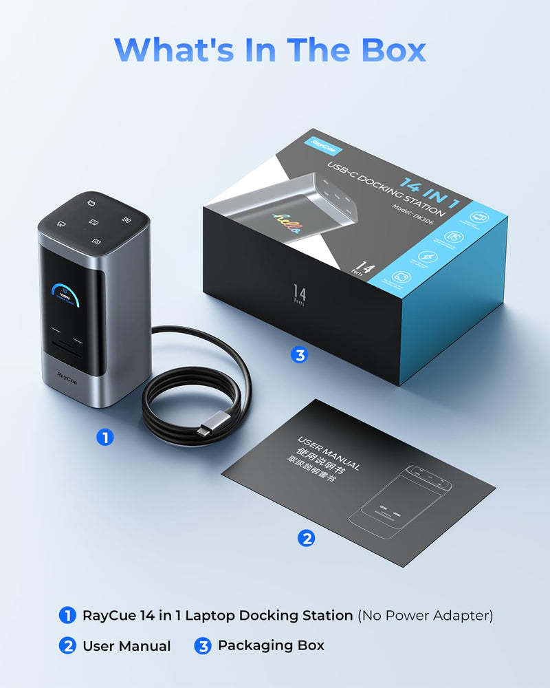 RayCue 14 in 1 Docking Station Dual Monitor, 2 * 4K HDMI, 6 USB Ports, 5 Shortcut Button, 1Gbps Ethernet, PD3.0(No Power Adapter), Laptop Docking Station for Dell/HP/Lenovo/Asus/Acer/Mac
