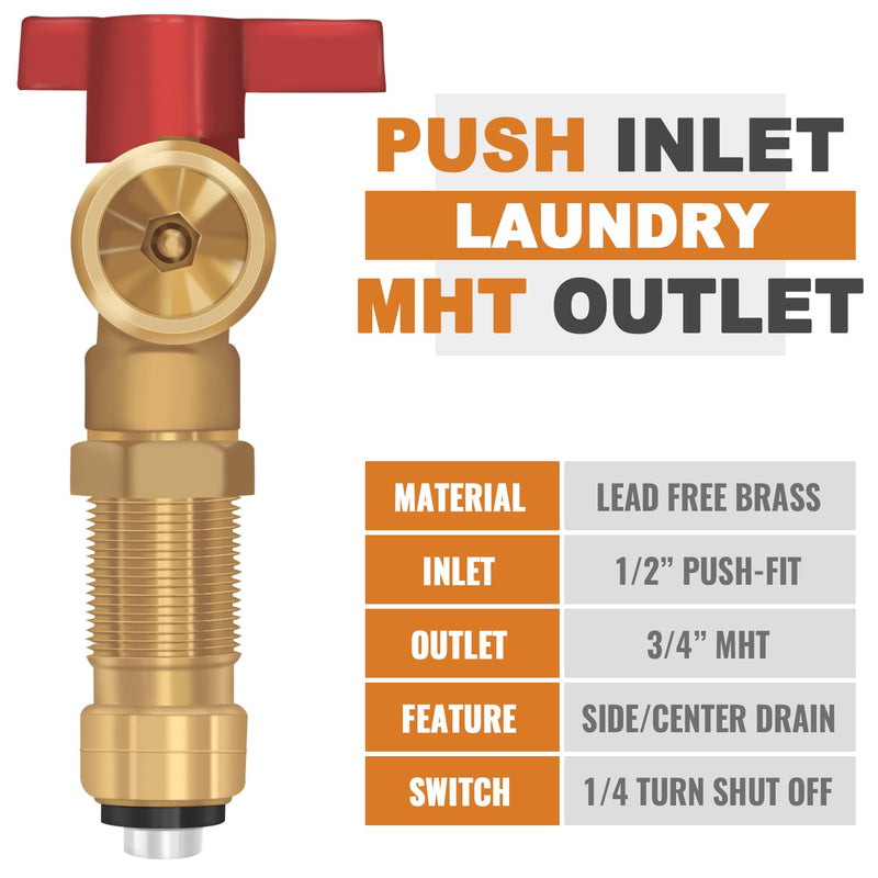 SUNGATOR Push-Fit Laundry Washer Valve Box, Washing Machine Outlet Box with Center Drain, 1/2 Inch Push-Fit Inlet x 3/4 Inch MHT Outlet, with 2 Disconnect Clips
