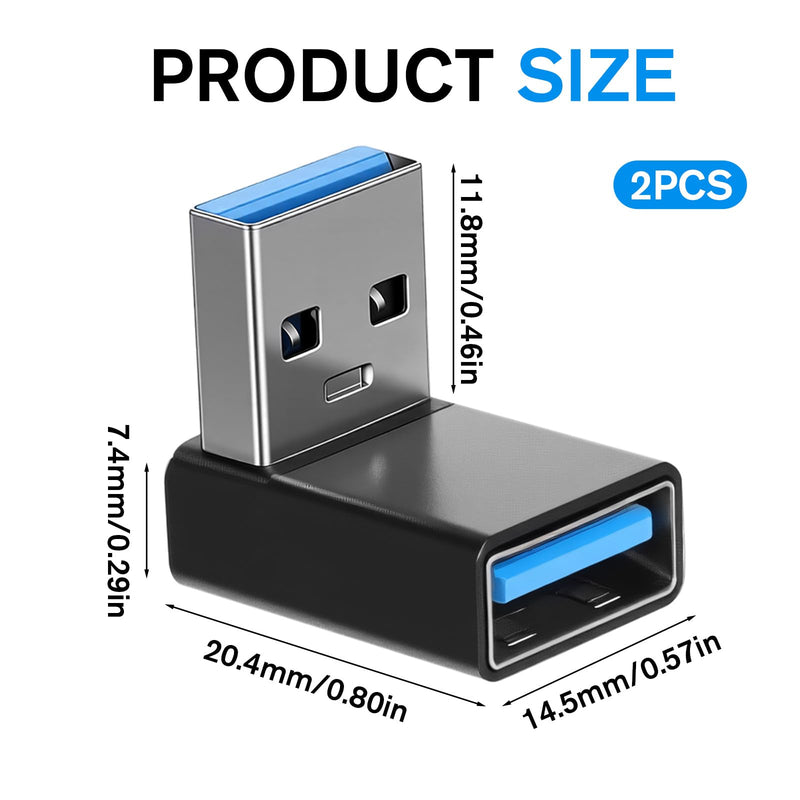 2 Pack USB3.1 Type A Male to USB-A Female Adapter, Angle USB A Male to Female Converters, Up and Down Angle 90 Degree Fast Charging Converter OTG for PC, Laptop, Power Bank and More