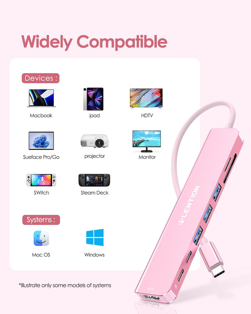 LENTION 8-in-1 USB-C Hub with 4K 60Hz HDMI, 100W Power Delivery, 5Gbps USB C Data, 3 USB 3.0 and microSD & SD Card Reader for 2023-2016 MacBook Pro, New Mac Air/Surface, More (CB-CE18s, Rose Gold)