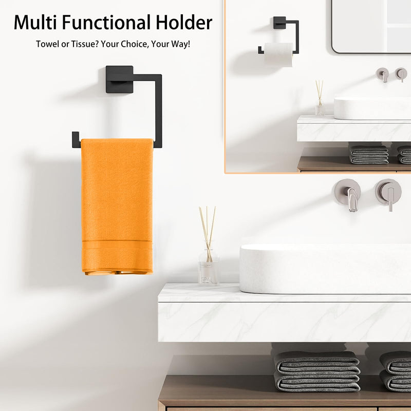 KLJKPA Square Towel Ring, Hand Towel Holder for Bathroom Wall Mount, Black | Toilet Paper Holder, Heavy Duty Towel Hanger for Shower, Kitchen, Stainless Steel, Space Saving, Multifunctional