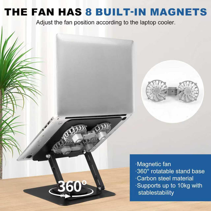 Laptop Cooling Stand with 2 Detachable Fans, 360° Rotating Adjustable Laptop Stand, Carbon Steel Ergonomic Laptop Riser, Anti-Slip Base for 10-17.3" Notebook MacBook, Office Home Gaming Black