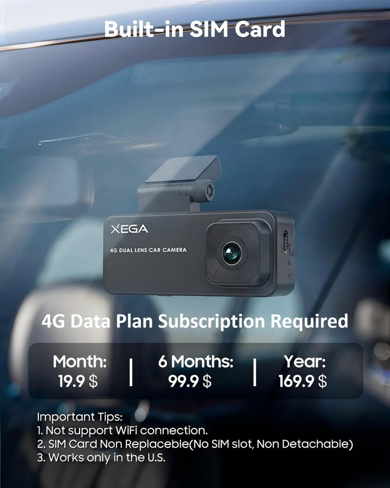 XEGA 4G Dual Dash Cam with Live View OBD Powered Anti Vandalism Car Camera | 2K HD, 24/7 Sentry Mode, APP Alert, GPS Tracking, No WiFi No Screen, Non-replaceable Built-in SIM Card, Only Works in the US