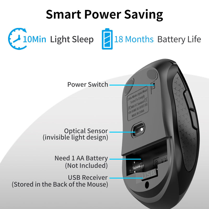 Ergonomic 6 Key Silent Side Button Wireless Mouse Black | 1000/1600/2400 DPI adjustable, anti-slip scroll wheel, USB nano receiver, compatible with Laptop, PC, Chromebook & Mac
